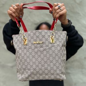 Gray Tote Bag with Red Straps